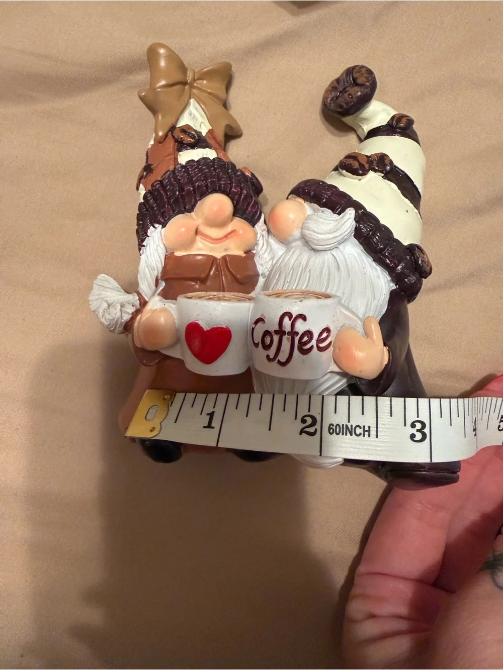 Ceramic Gnome Couple Figurines with Coffee Mugs - Brown & White